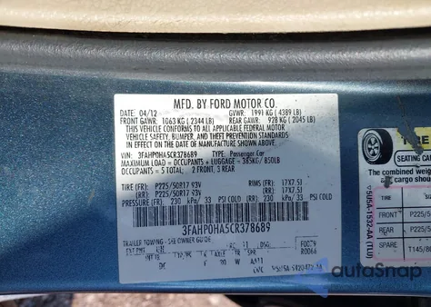 2012 Ford Fusion Se z USA, uszkodzony, nr VIN 3FAHP0HA5CR378689
